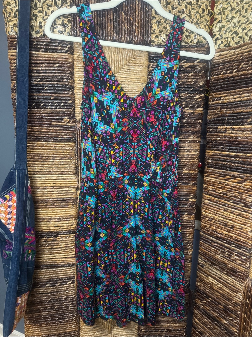 Eyeshadow Multicolor Tribal-Print Mini Dress in Black and Turquoise